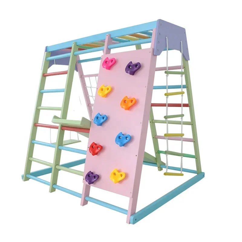 Kids Outdoor Swing Set With Slide - Conjunto de Escalada Infantil de Madeira